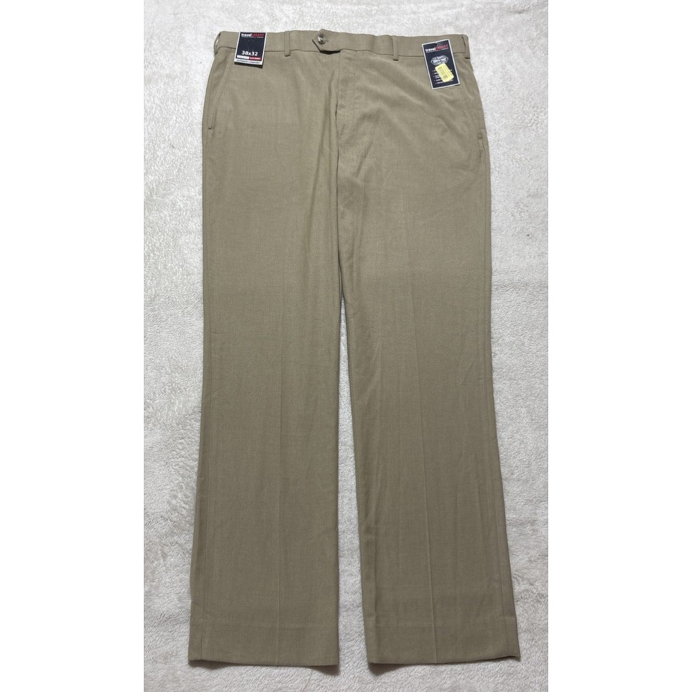 NEW Travel Smart Pants Roundtree Yorke Mens 38x32 Beige Flat Front Stretch Chino